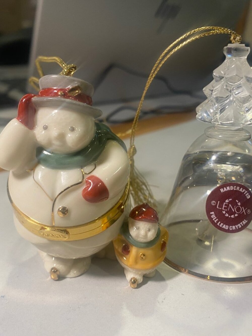 Lenox China Treasures Porcelain Snowman & Child Trinket Box and Lenox Bell